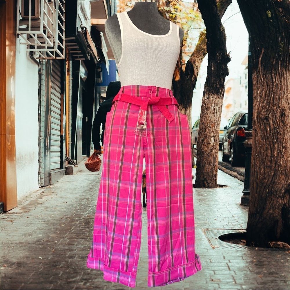 SALE - Vibrant pink plaid pants w/ coordinating belt & blinged front left pocket